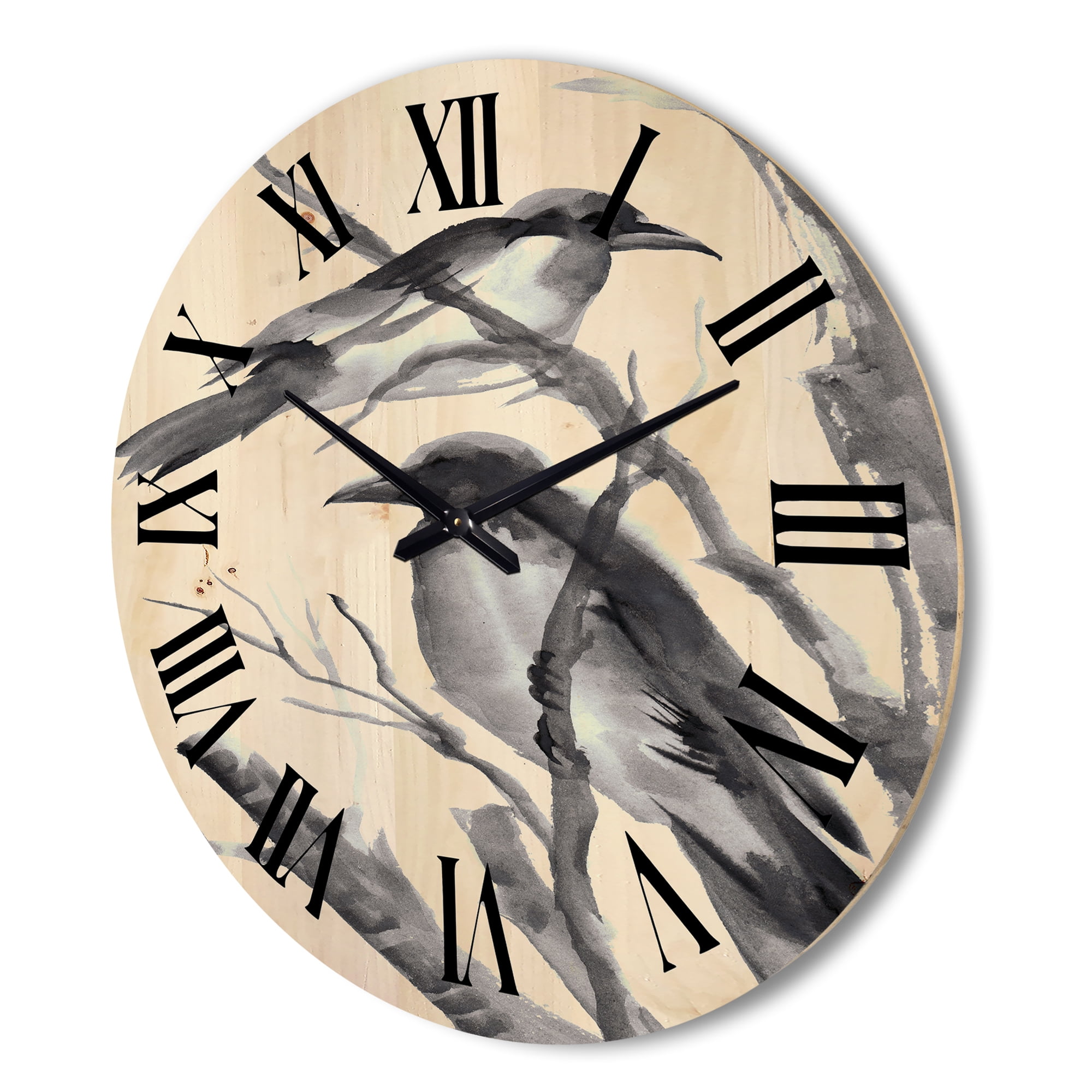 Designart 'Vintage Black and White Sleeping Crows' Traditional Wood Wall Clock