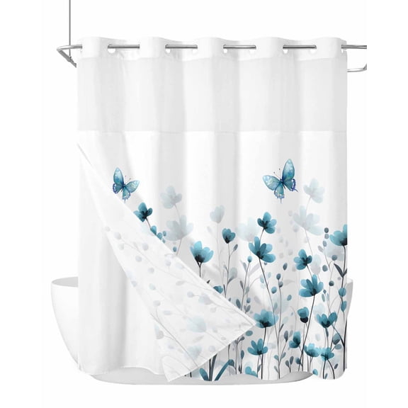 No Hook Cloth Fabric Shower Curtain with Snap in Liner, Turquoise Floral Butterfly Waterproof Shower Curtains Set with See Through Top Window, Spring Rustic Botanical Flowers Bath Curtains 72"x72"