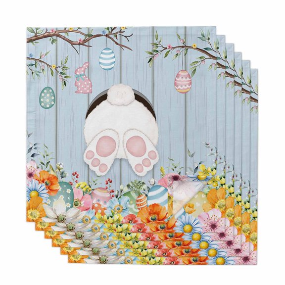 Easter Cloth Napkins, Spring Watercolor Bunny Eggs Flower Wood Grain Blue Washable and Reusable Dinner Napkins Set of 6, Table Napkin for Kitchen Party Birthday Wedding Hotel Housewarming 20"x20"