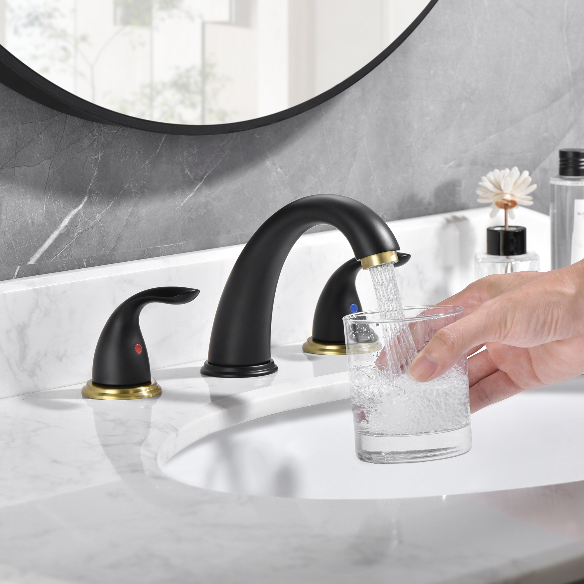 sumerain Two Handle Widespread Bathroom Sink Faucet, 3 Holes Bathroom Lavatory Sink Faucet,Black&Gold