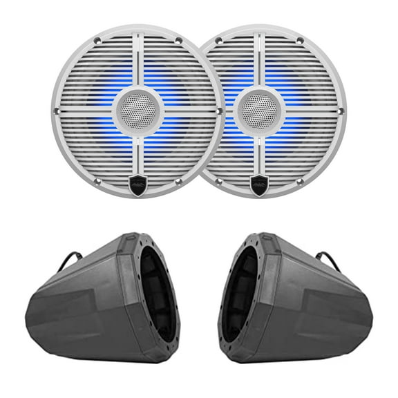 Wet Sounds Recon8-XWW-RGB 8" White Grill RGB Marine Speakers with US2-C8U 8" Black Speaker Pod with 1.50" Roll Bar Clamps