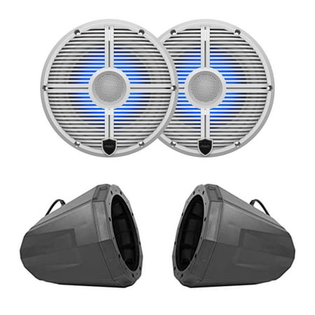 Wet Sounds Recon8-XWW-RGB 8 White Grill RGB Marine Speakers with US2-C8U-185 8 Black Speaker Pod with 1.85 Roll Bar Clamps