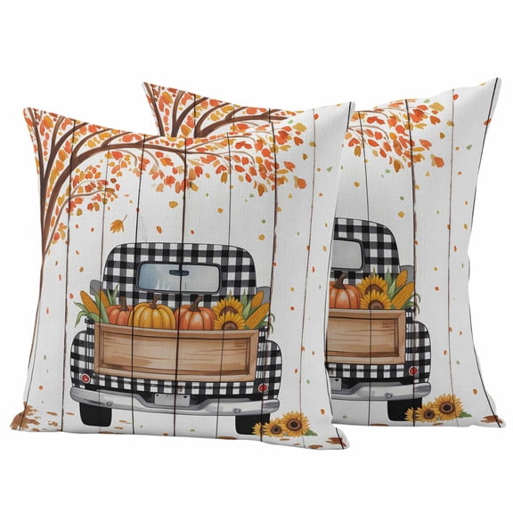 Outdoor Pillow Covers 18 x 18 Inches, Fall Truck Waterproof Throw Pillow Cover Set of 2, Thanksgiving Tree Maple Leaf Pumpkins Vintage Decorative Square Cushion Covers for Patio/Tent/Couch/Garden