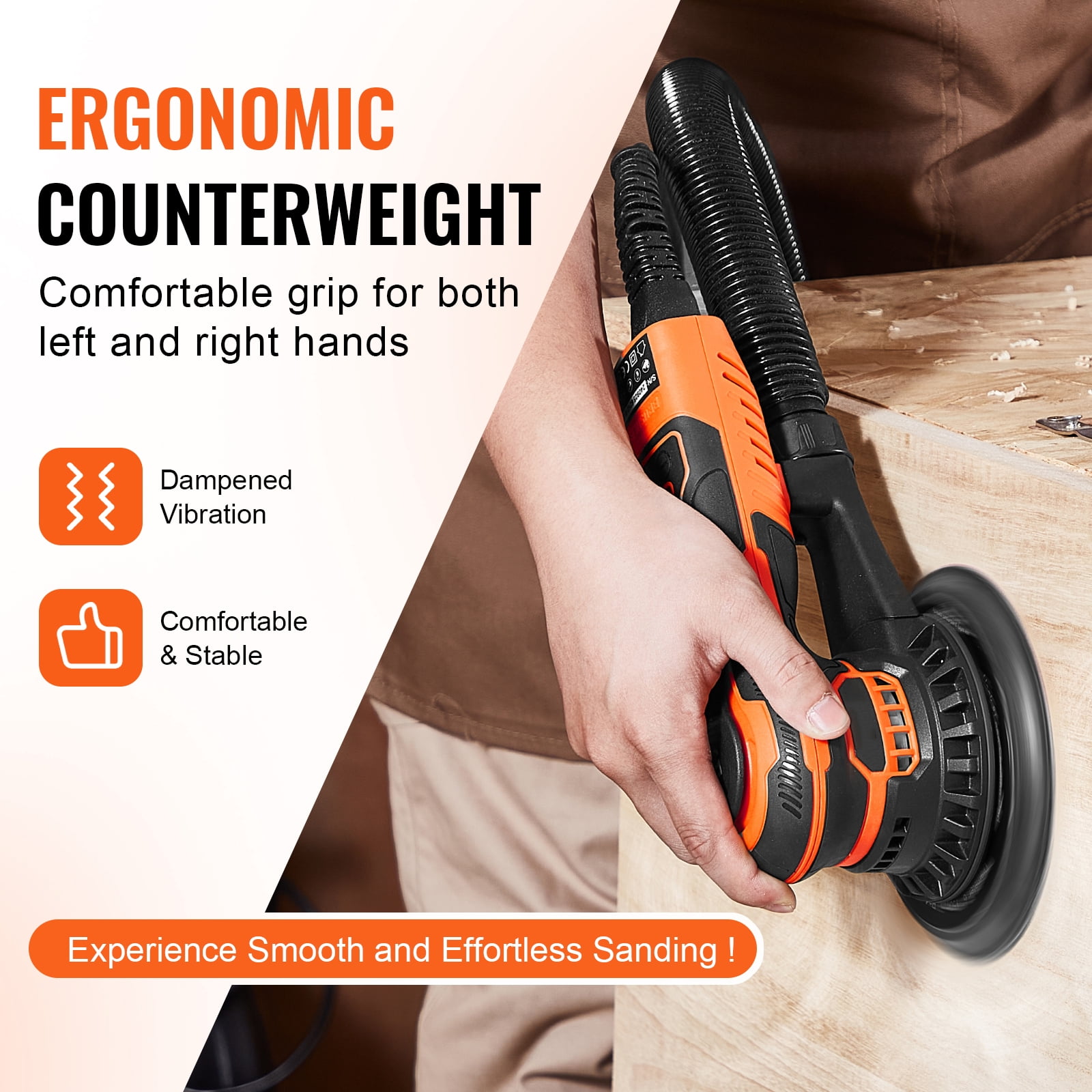 KFFKFF 6-Inch Orbital Sander, 350W Brushless, 10,000 PRM with 6 Adjustable Speeds, Electric Hand Sander Includes 10 Sandpapers, Dust Connector & Hose, Ideal for Detailed Woodwork Sanding