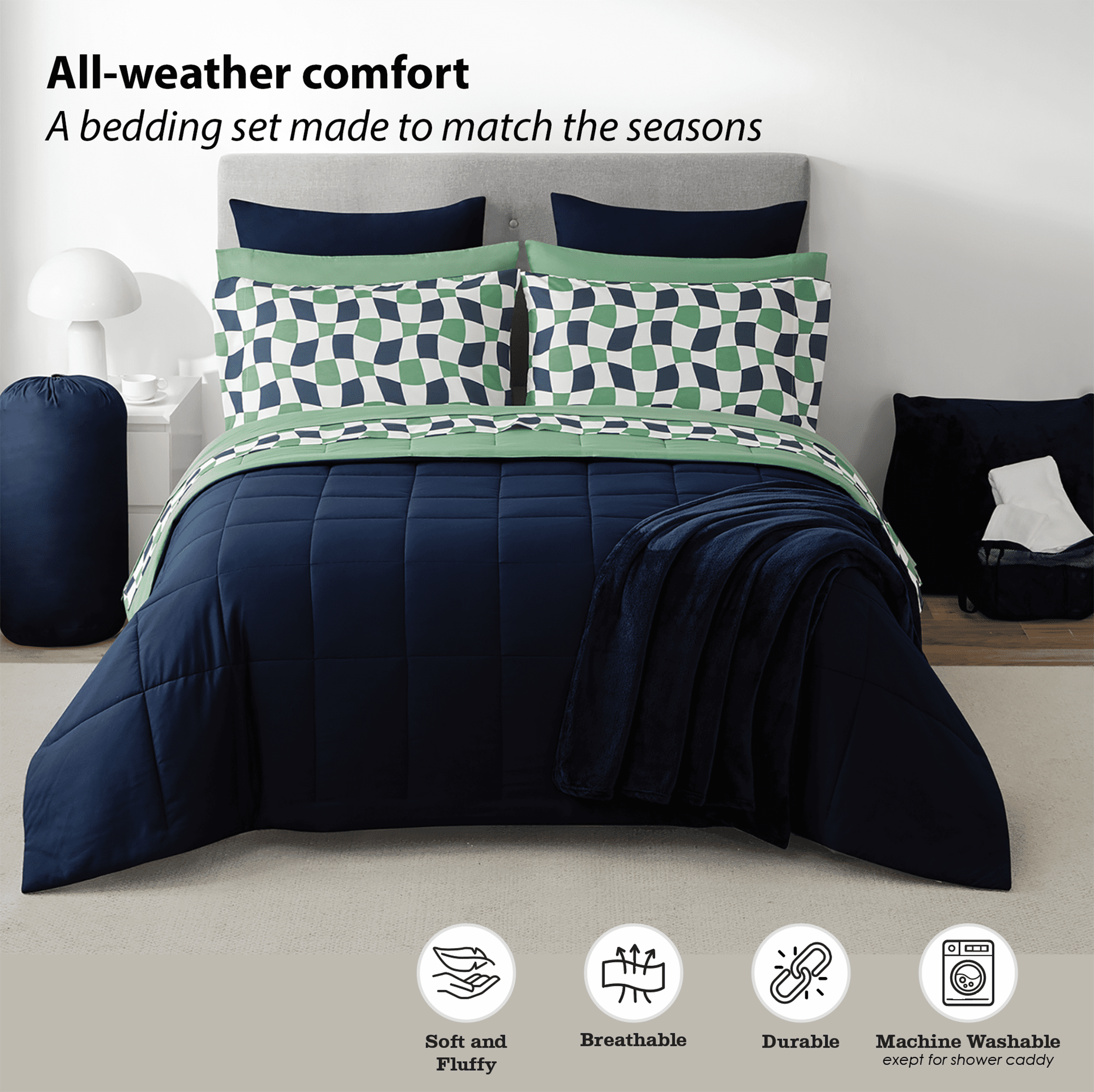 17pc College Dorm Essentials Bundle, Full, Reversible Bed in a Bag Comforter Set, Navy