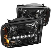 DRL LED Light Strip 1 Piece Headlight Head Lamp Replacement in Chrome Housing Smoke Lens Made For And Compatible With 1999 - 2004 Ford F250 F350 Superduty Excursion 99 00 01 02 03 04