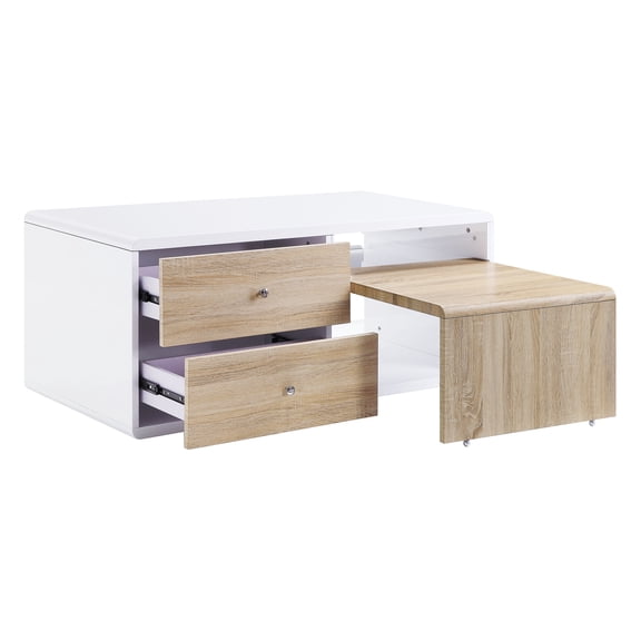 JERFIT Modern White High Gloss Coffee Table with 4 Drawers, Pull-Out Table & Storage for Living Room