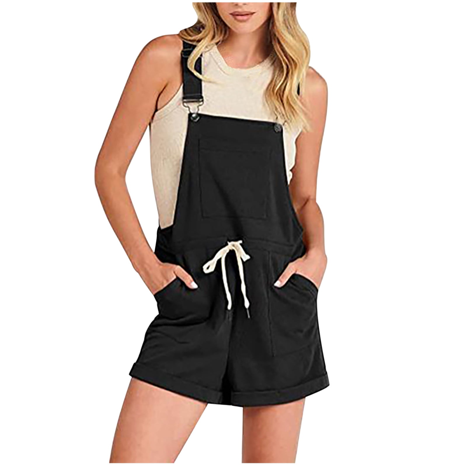 Leesechin OnePiece Straps Short Bib Pants Overalls Basic Sleeveless Drawstring Romper Juniors