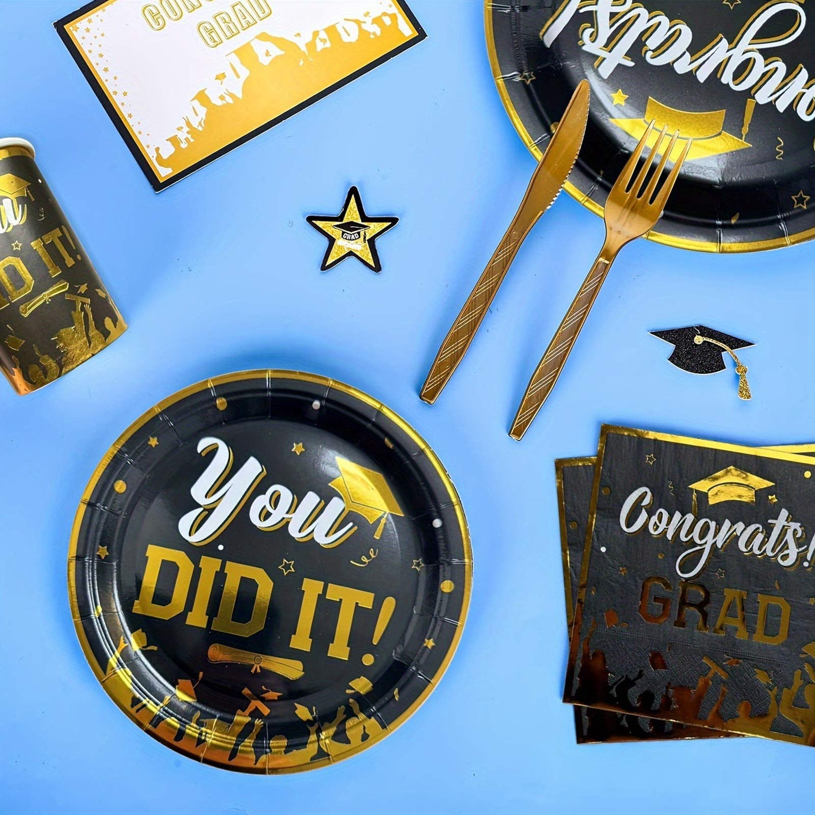 50 Pack Graduation Paper Plates, 9 Inch Black and Gold Party Supplies, Congrats Grad & You Did It Design, Disposable Dinner Plates for Class of 2026 High School and College Graduation Decorations