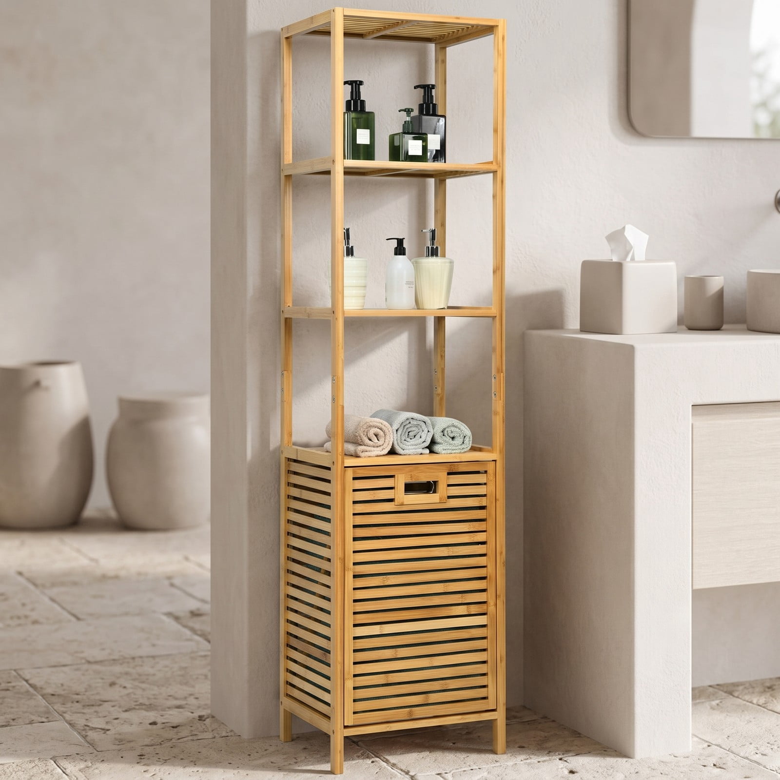 Fenbeli Bamboo Tower Laundry Hamper Organizer with 3-Tier Storage Shelves, Tilt-Out Oxford Basket, 2-in-1 Freestanding Bathroom Linen Cabinet for Closet, Natural