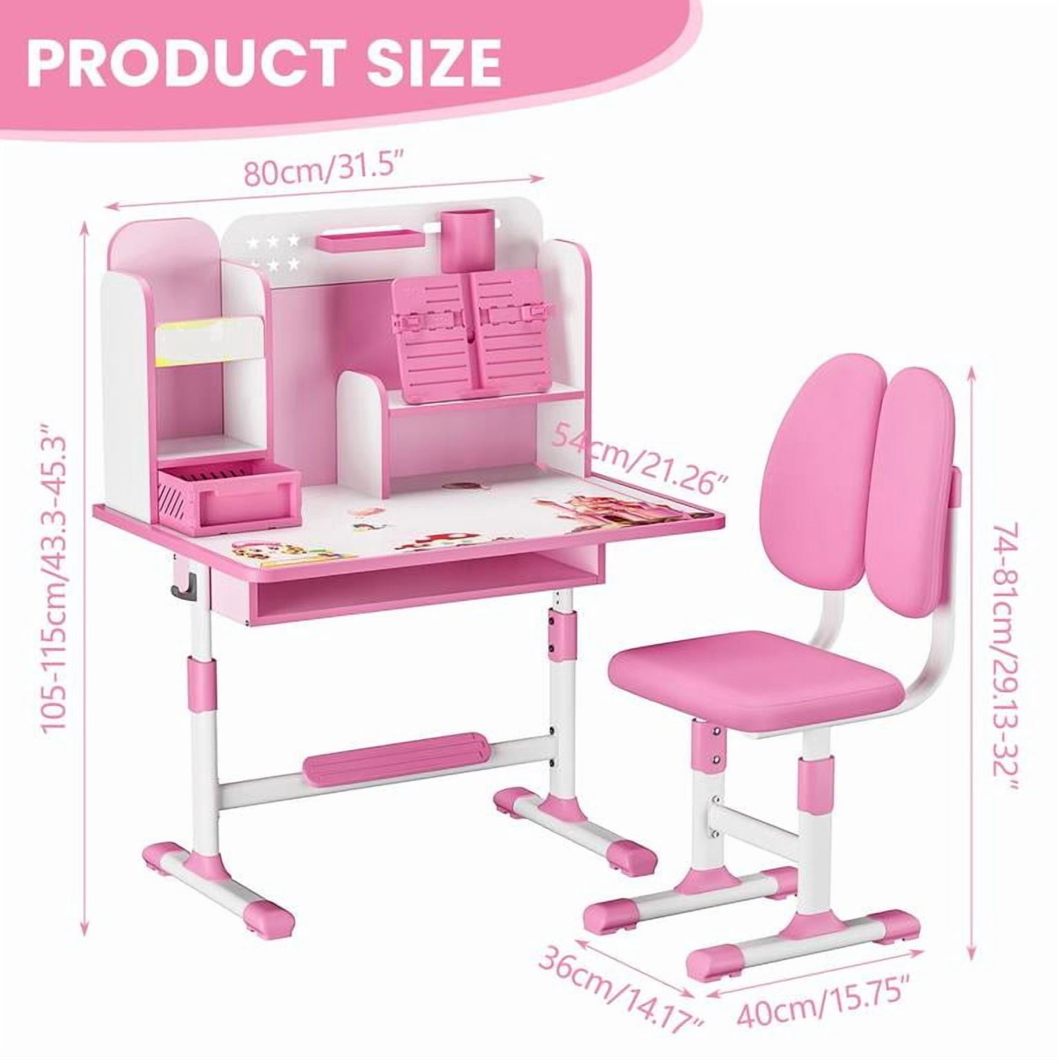 YNCE Kids Desk and Chair Set School Desk| Height Adjustable Study Table with Book Stand & Foot Pedal, Ergonomic Children's Desks with Sitting Corrector for School Homework (Pink #1)