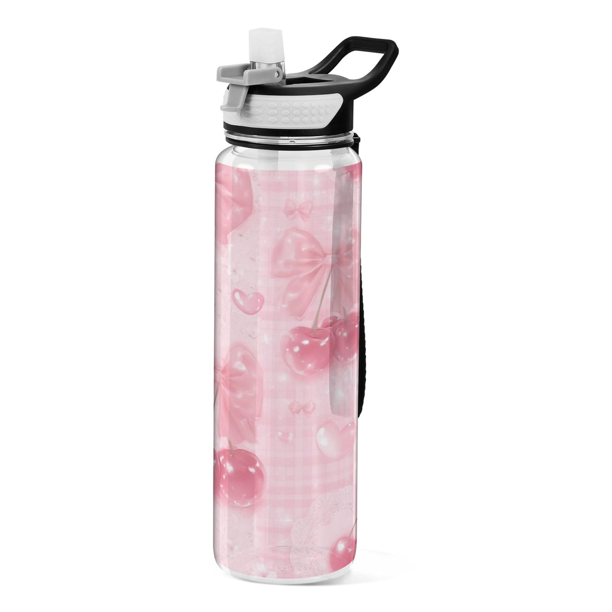 1000ML Transparent Sports Water Bottle with Handle & Straw Portable Water Bottle for Outdoor Camping Gym Pink Dream Cherry