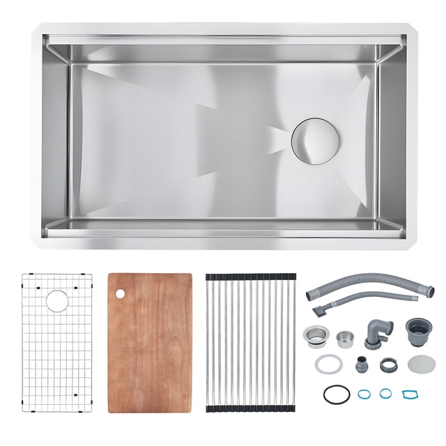 BeesClover Évier de Cuisine en Acier Inoxydable, Bol Unique Moderne sous le Pied, Design de Poste de Travail avec Accessoires, Bassin de Préparation Multifonctionnel pour Maison et Restaurant