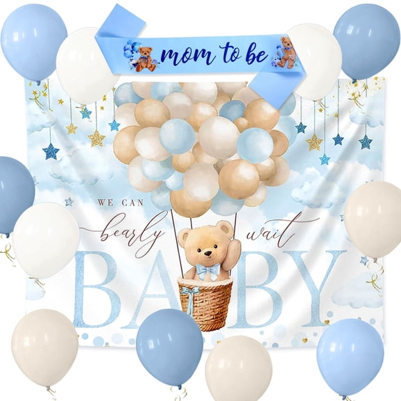 Blue Bear Themed Baby Shower Decorations Set - Balloon Garland & Backdrop for Warm Party Atmosphere
