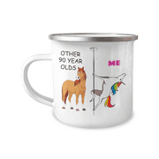 90th Birthday Unicorn Camper Coffee Mug - Other 90 Year Olds Me Unicorn Coffee Mug -12 Oz Stainless Steel Enamel Finish White Camper Coffee Mug