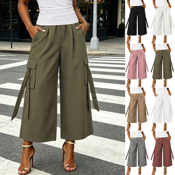 Hvogkswy Cargo Capri Pants for Women Summer Casual High Waist Wide Leg Capris Loose Fitted Multi Pockets Outdoor Hiking Pants