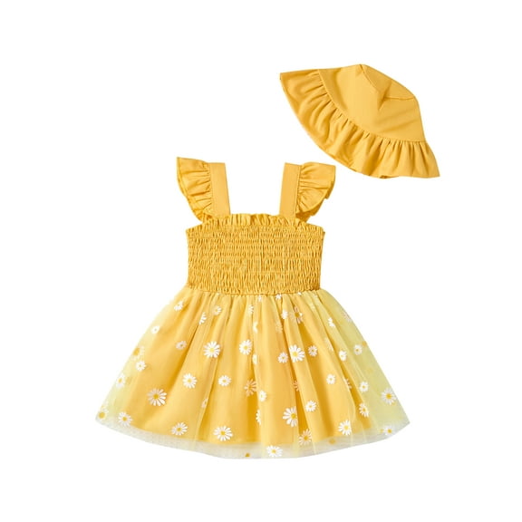 KIMI BEAR 3 Months Newborn Baby Girls Dress 6 Months Summer Clothes Ruffle Sleeveless One-piece Overalls Floral Dress A-line Tulle Dress with Hat 2pcs Yellow