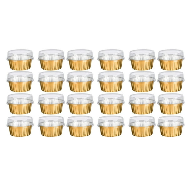 Tazas de Postre con Tapas, Paquete de 50 Soportes para Tazas para Hornear de Papel de Aluminio Dorado, Tazas de Pudín Transparentes para Hornear Cupcakes