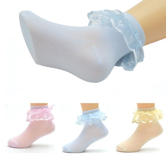 LYMAYTER 3 Pack Kids Girls Socks Toddler Solid Color Double Ruffle Turn Cuff Princess for Socks 1-12Y