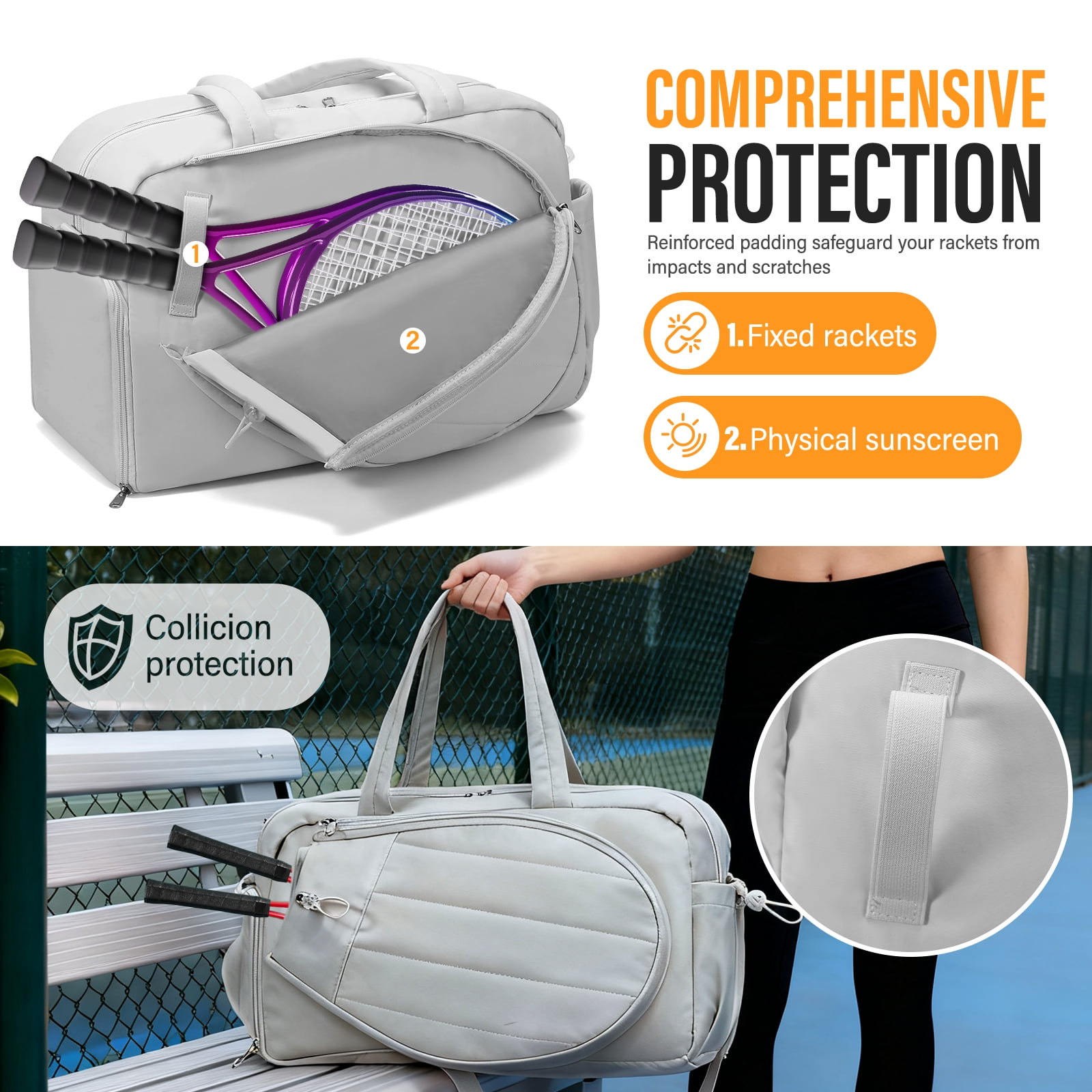 Gocvo Womens Tennis Bag with Shoe Compartment, Versatile Lightweight Tennis Racket Bag, Sports Bag for Tennis Pickleball Badminton (Grey)