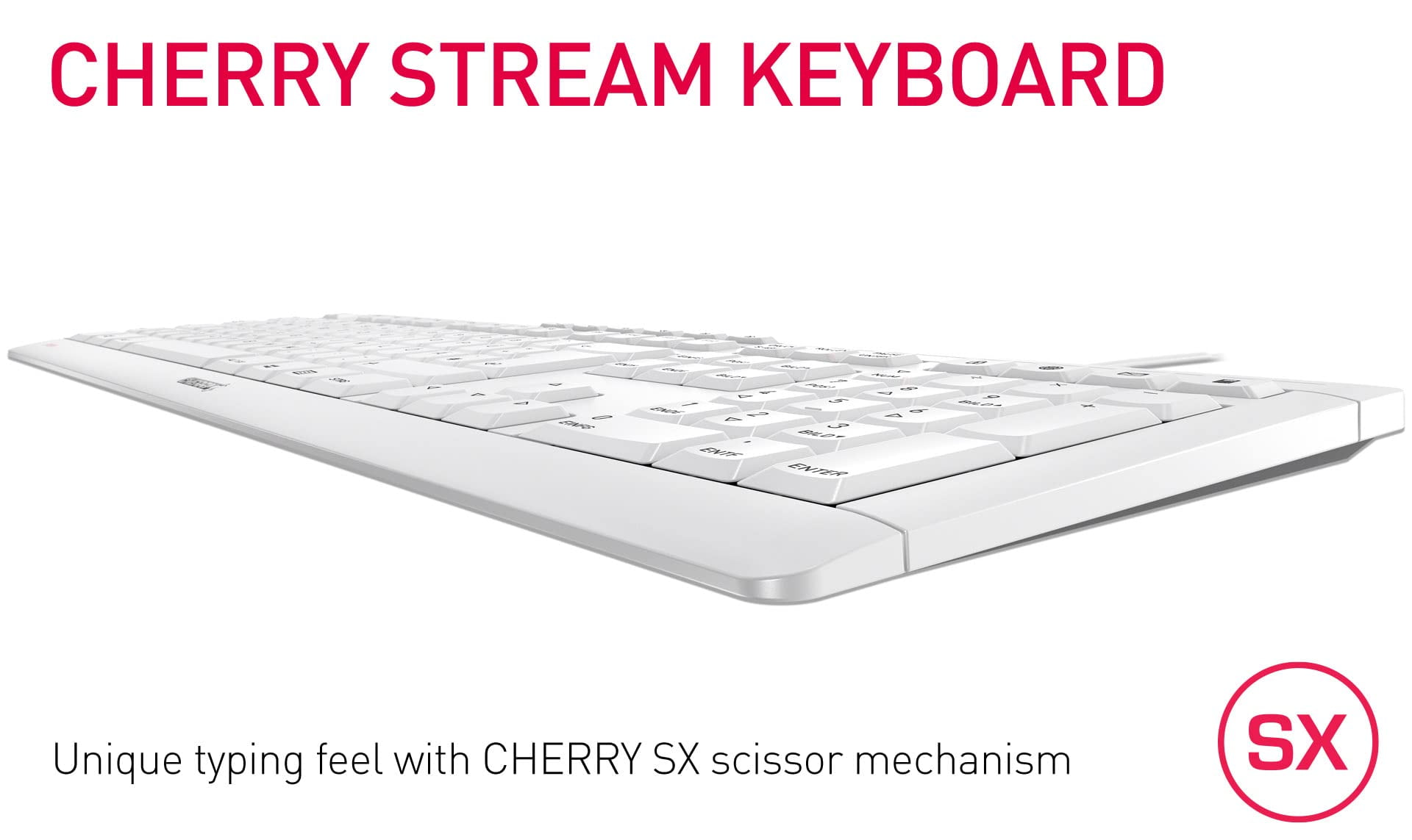 CHERRY STREAM Keyboard - Cable Connectivity - USB Interface - 104 Key Multimedia, Browser, Email, Calculator, Lock, Volume Down, Volume Up, Previous Track, Next Track, Play/Pause Hot Key(s) - English