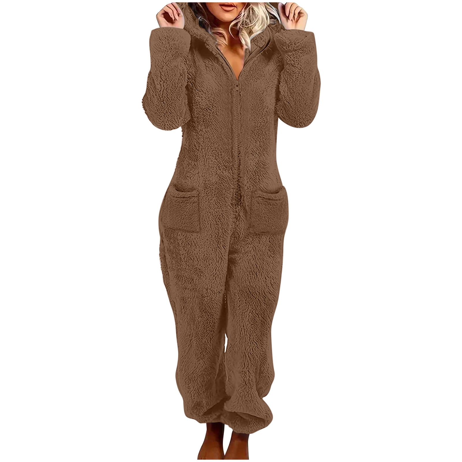 Frostluinai Womens Fleece Onesies Pajamas Jumpsuit Warm Sherpa Romper Sleepwear One Piece Zipper Hooded Playsuit Loungewear with Pocket