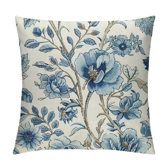 Fenyluxe Chinoiserie Flowers Trees Blue Throw Pillow Cover, Floral Cushion Case Outdoor Decoration for Sofa Couch Farmhouse 12x12in