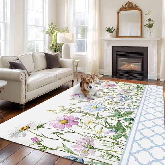 Spring Wildflowers Area Rugs 5x7 ft Blue Morocco Pink Flower Plant Country Washable Rug Non Slip Indoor Carpet Absorbent Floor Mat for Living Room Bedroom Dining Room