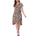 thumbnail image 2 of Vestido midi envolvente de verano tropical con flores de INSPIRE CHIC para mujer en gris y azul S, 2 of 7