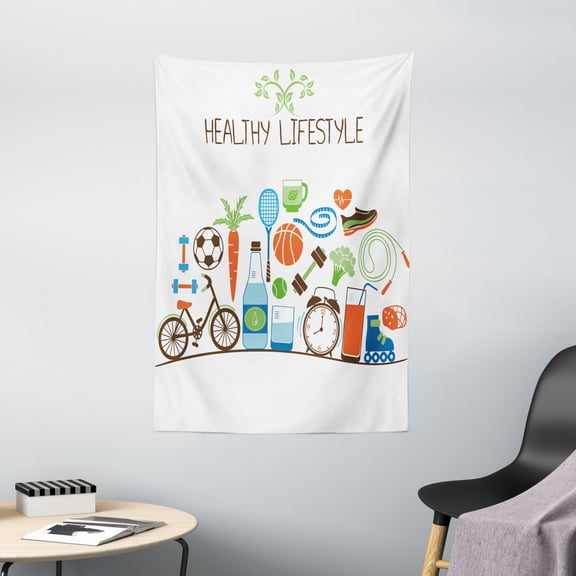 Fitness Tapestry, Healthcare Theme Athletic Energetic Life Routine Wellness Gym Equipment Vegetables, Wall Hanging for Bedroom Living Room Dorm Decor, 40W X 60L Inches, Multicolor, by Ambesonne