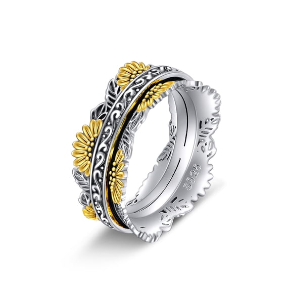 Sterling Silver Sunflower Flower Anxiety Spinner Rings Rotatable Fidget Mood Rings for Women Relieve Stress Gift 7 Size