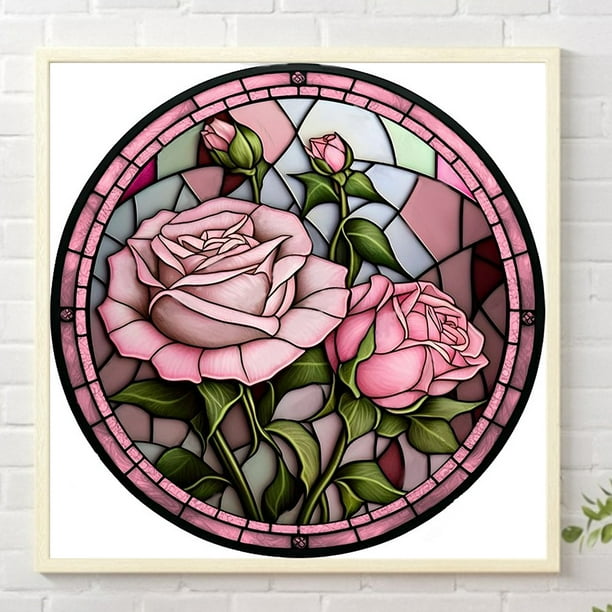 Cuadros Decorativos 5D bricolaje redondo completo taladro diamante pintura vidrieras rosa Kit decoración (NH3529) Wdftyju embutido en tela