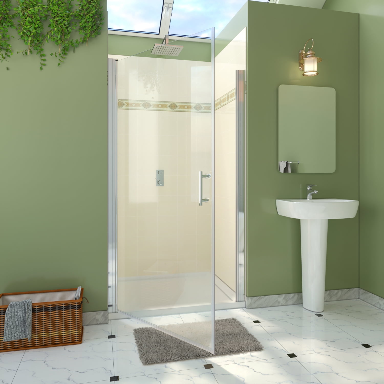Sunny Shower Semi-Frameless Pivot Swing Shower Door One Panel Glass in Chrome