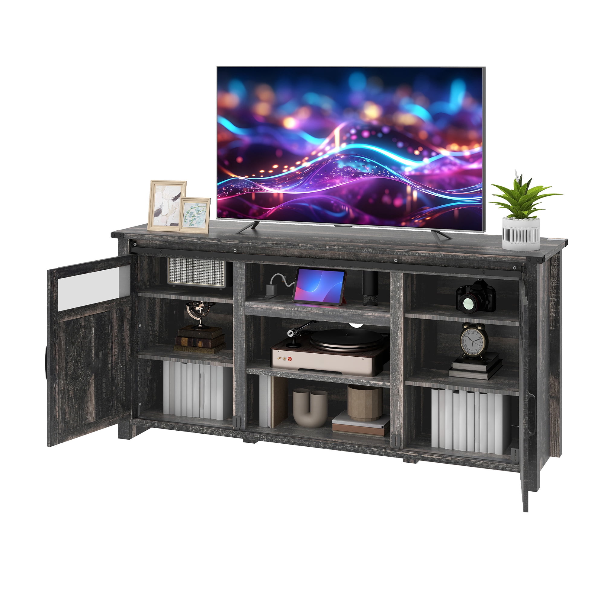 Uforic 60in Farmhouse TV Stand with Power Outlet, Storage Drawers,Dark Wood Grain