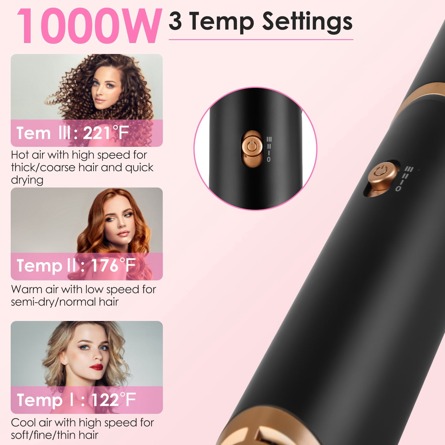 Moclever 5 in 1 Hot Air Styler Straightener Curler Dryer Automatic Wrap Styler Hair Dryer Brush Set, Black