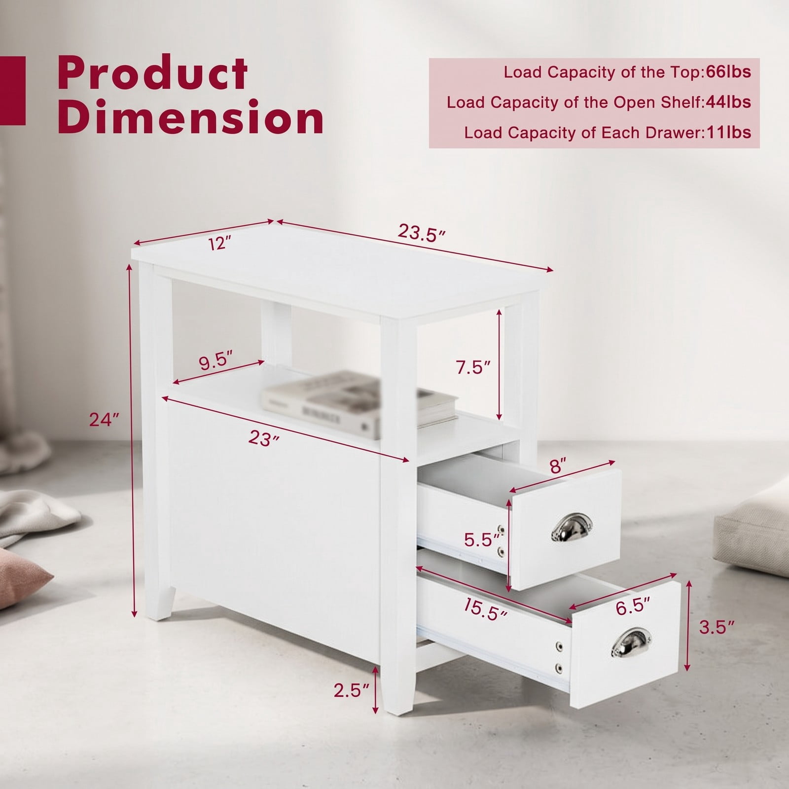 Furnibear Narrow Nightstand with 2 Drawers and Open Shelf Wooden Bedside End Table for the Bedroom and Living Room, White