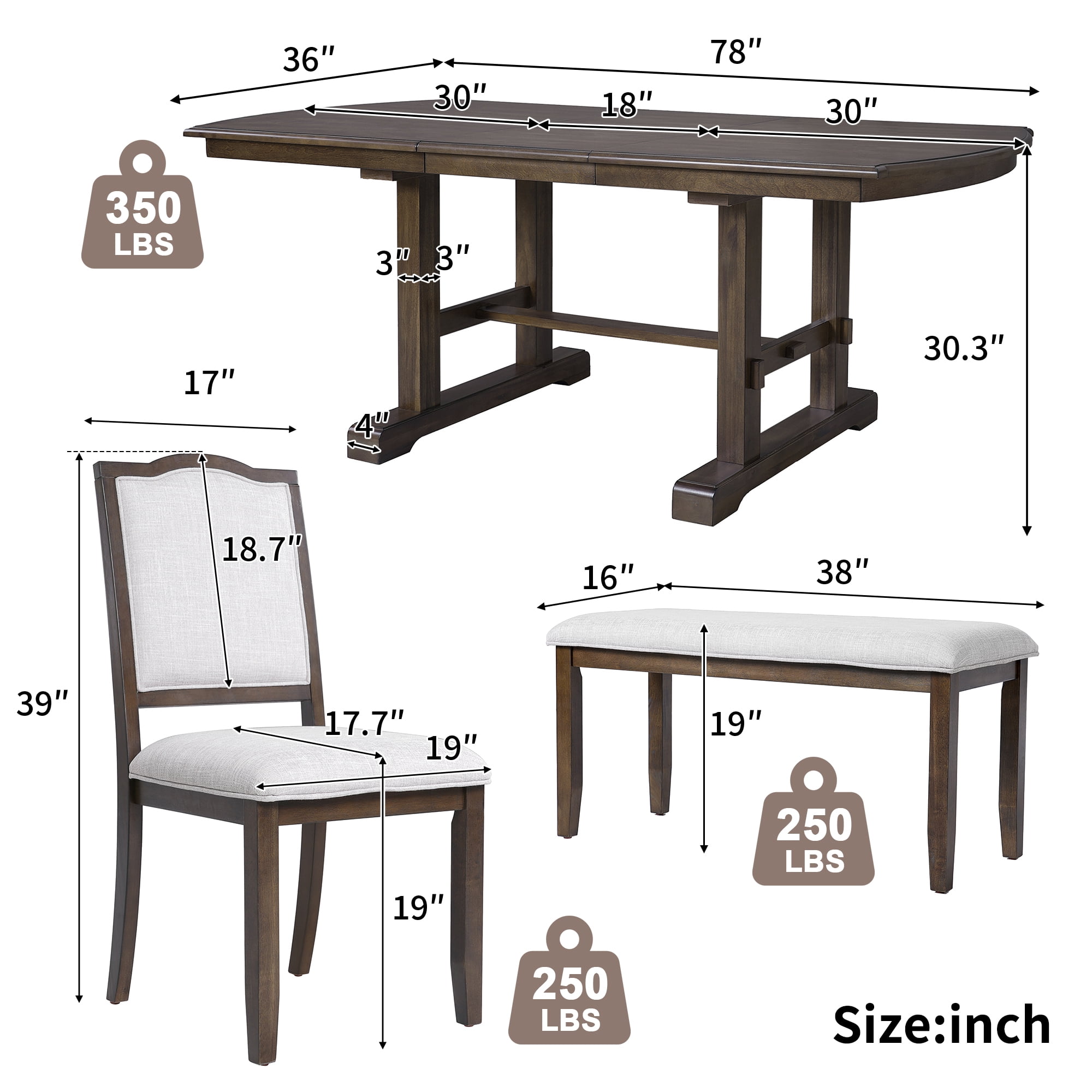 Euroco 6-Piece Dining Table Set for 6-8, 78" Extendable Kitchen Table & Chairs Set with Wood Frame, Brown