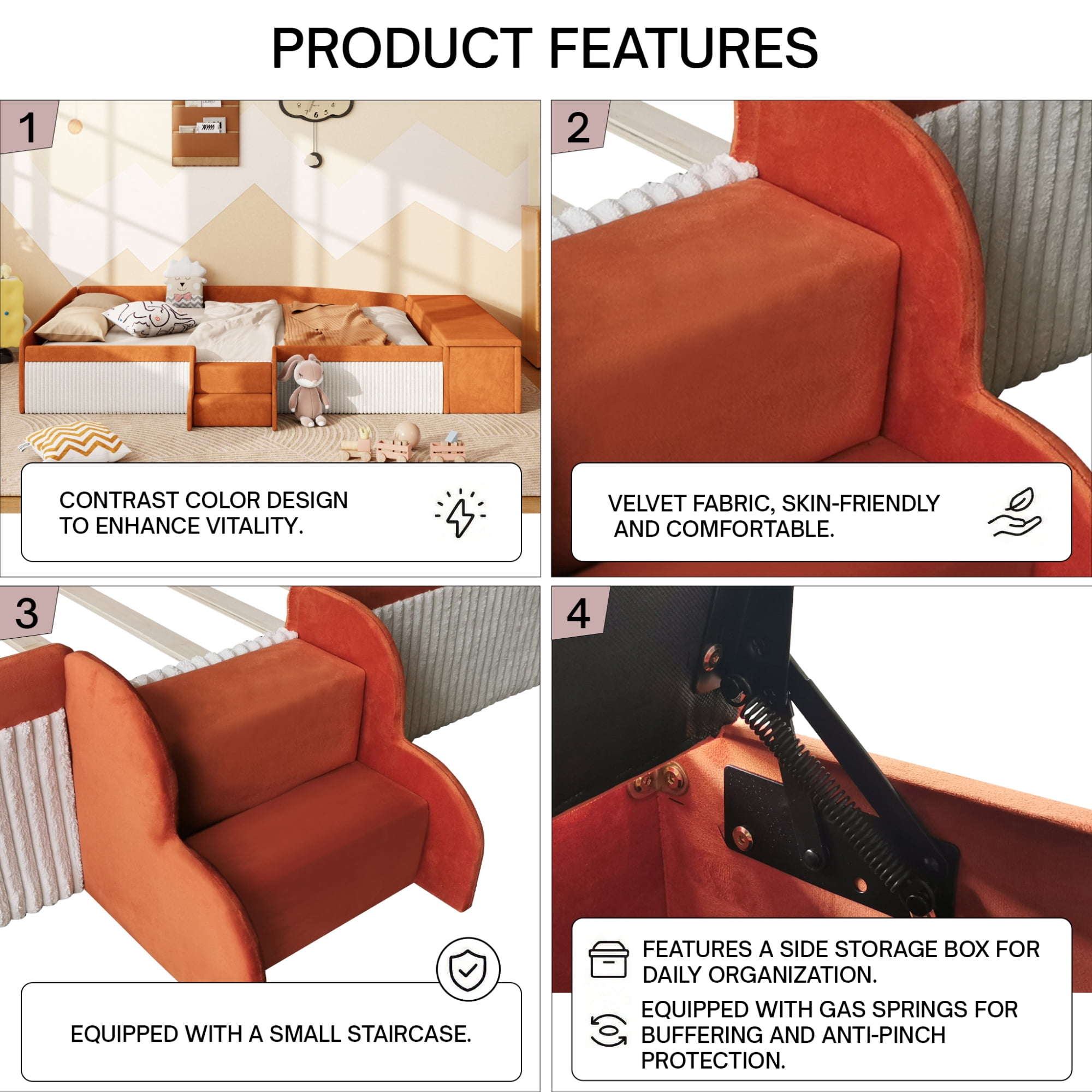 Leumius Queen Size Floor Bed Frame with Stairs & Gas Lift Storage Ottoman, Velvet Upholstered Daybed with Padded Guardrails, Brown+White