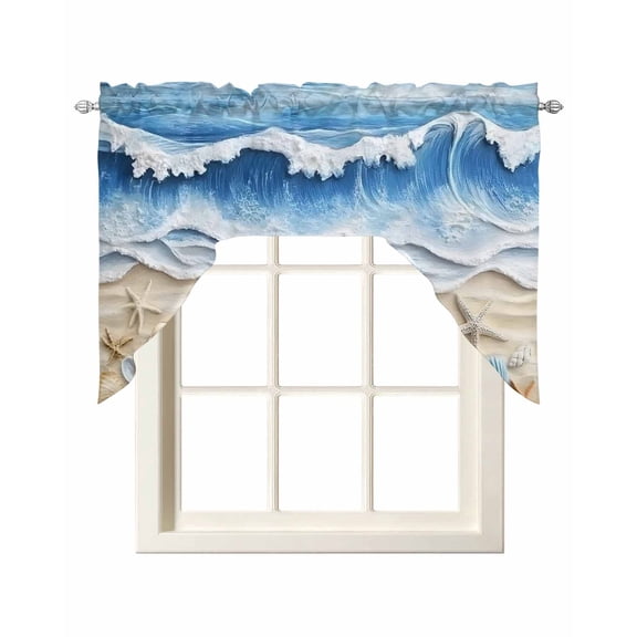 Coastal Blue Kitchen Curtains Swag Valance for Windows/Bathroom/Cafe, Starfish Beach Ocean Shell Sand Painting Rod Pocket Drape Panel Swag Curtain Valance for Bedroom/Living Room 55''x36''