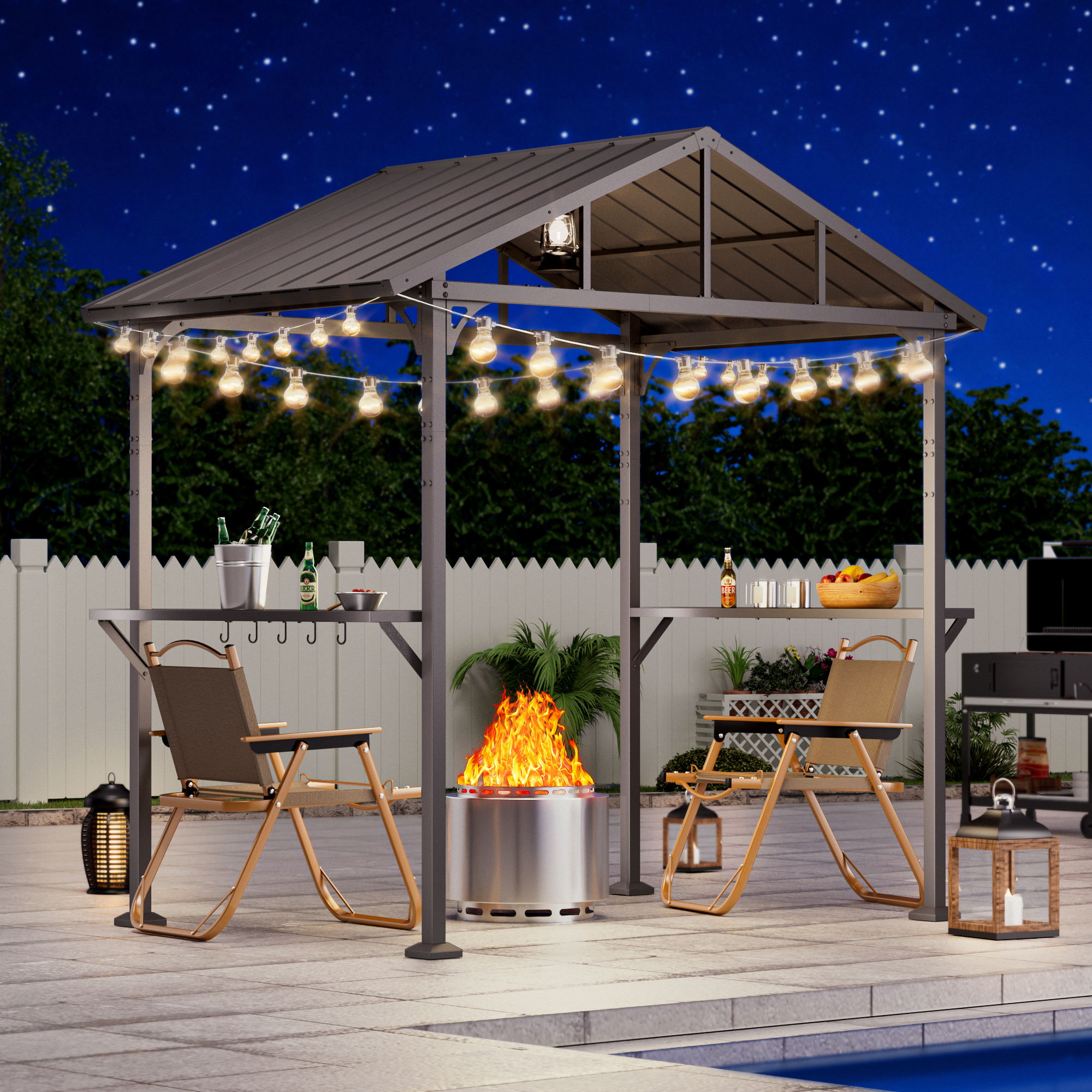 Kullavik 8x5 ft Heavy-Duty BBQ Gazebo with 19'' Smokeless Grill, All-Metal Canopy with Dual Shelves & Hooks, Outdoor Cooking Station for Patio & Backyard
