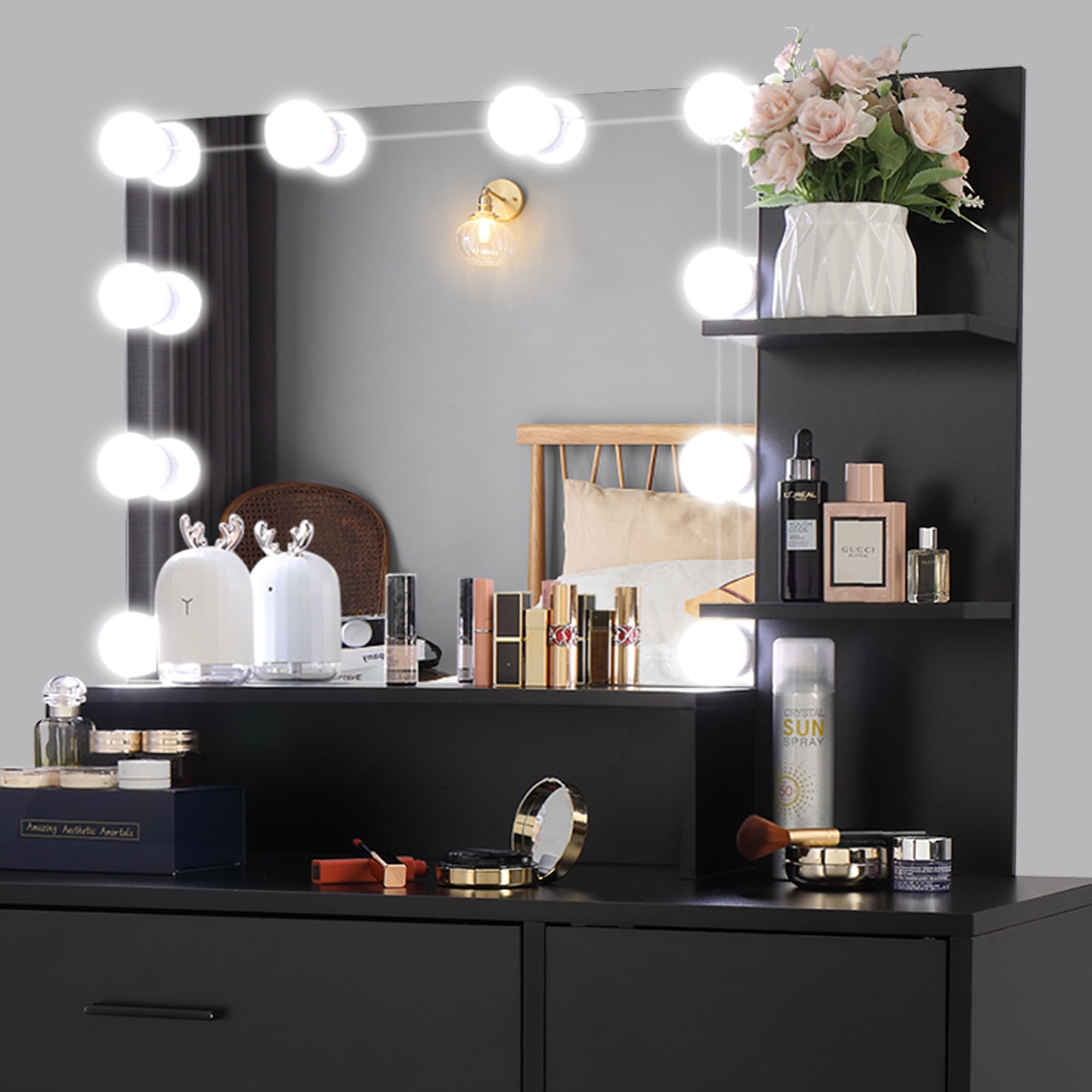 YYAo Farmhouse Vanity Desk Set, Makeup with Lighted Mirror and Stool, Dressing Table with Drawers and Storage Shelves for Bedroom, Black YYAo Farmhouse Vanity Desk Set, Makeup with Lighted Mirror and Stool, Dressing Table with Drawers and Storage Shelves for Bedroom, Black