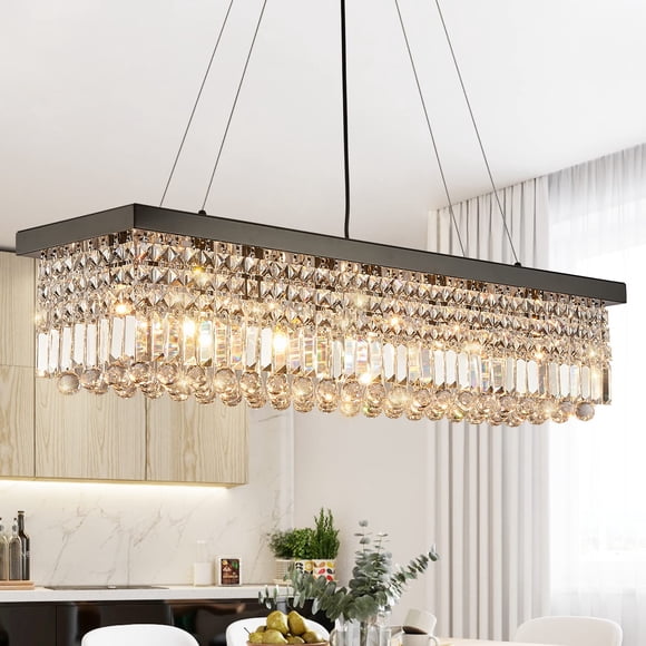 7PM Rectangle K9 Crystal Chandelier Modern Rectangular Pendant Lighting Fixture for Dining Room Kitchen Island Bedroom Black L40 x W10 x H10