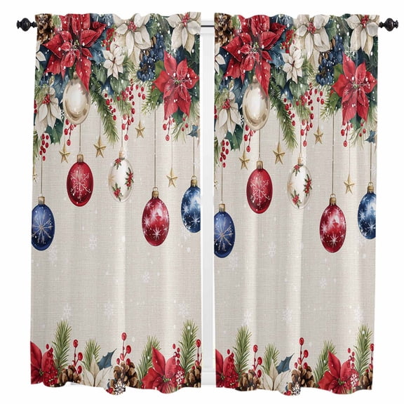 Blue Red Christmas Balls Kitchen Curtain 2 Panels Curtains 63 Inch Length, Xmas Botanical Poinsettia Rustic Curtains Rod Pocket Curtains Window Drapes Treatment Window Cafe Curtains