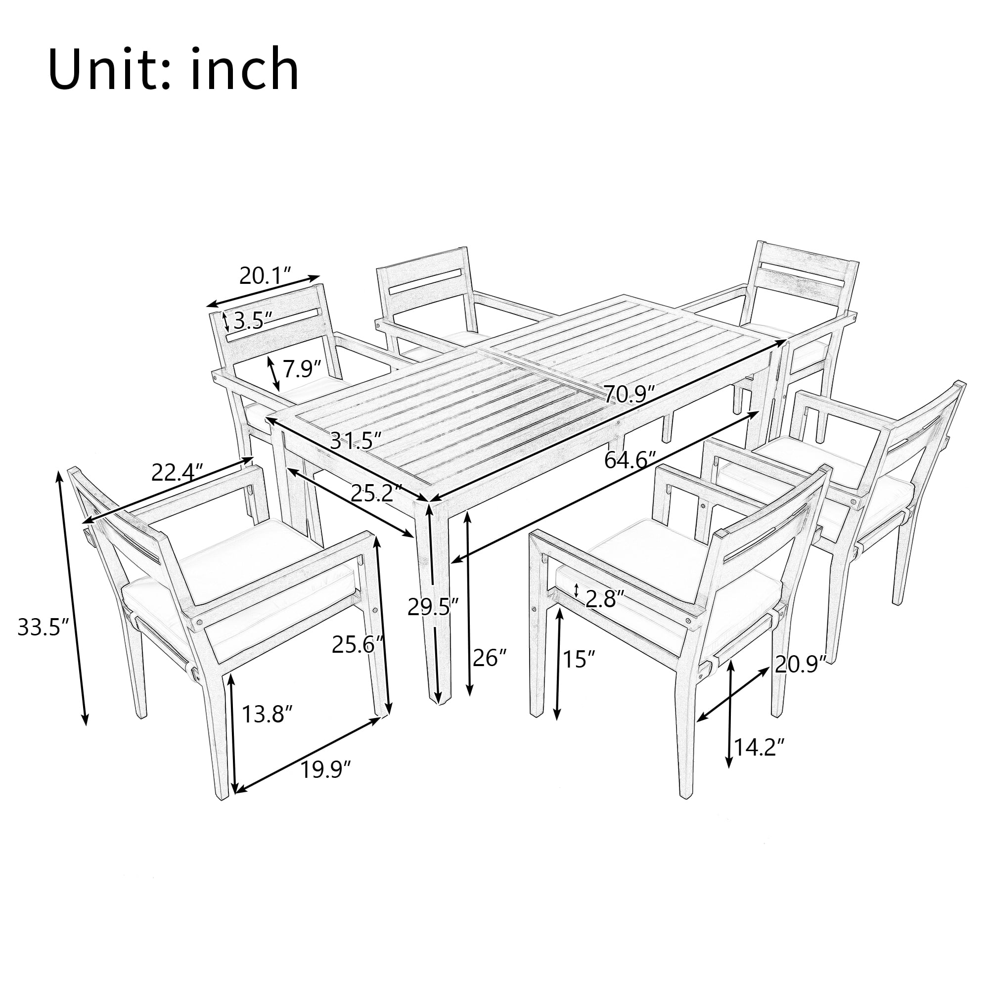 HighSound 7 Piece Patio Dining Set, Outdoor Acacia Wood Furniture Set, Patio Table and 6 Arm Chairs w/Removeable Fabric Cushion, Gray
