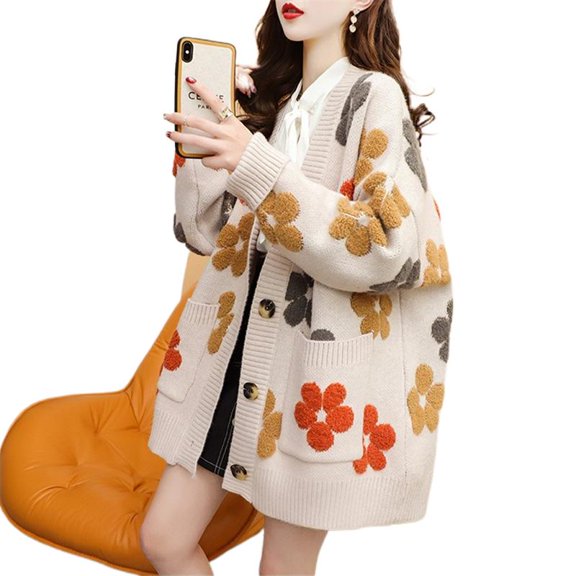 Flower Sweater Coat for Women Autumn and Winter New Loose and Lazy Style Knitted Cardigan Top