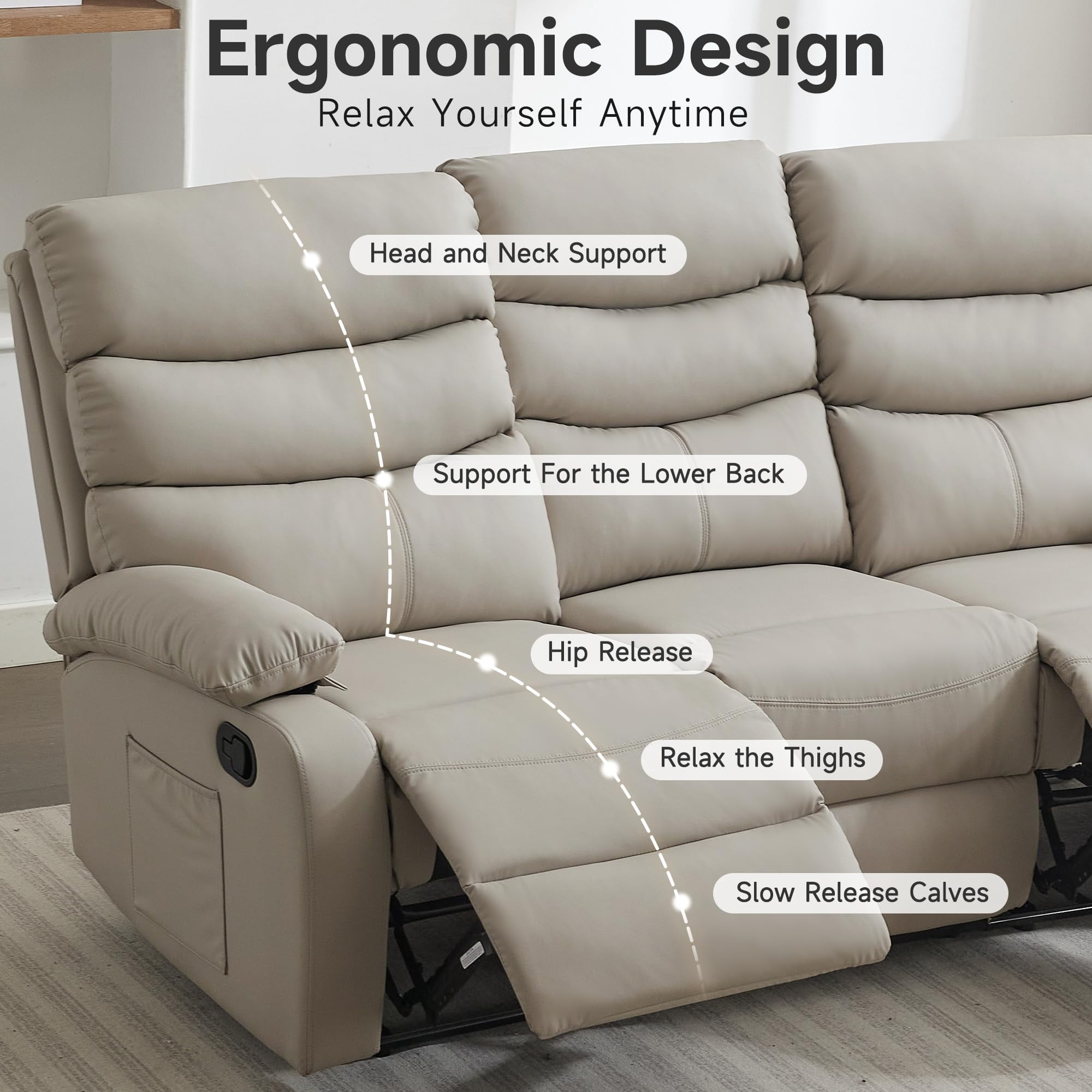 Beige 3-Seater Loveseat Recliner Sofa, Small Sofa Couch, PU Leather Reclining Sofa 3-Seater Manual Double Seater Recliner with Side Pockets