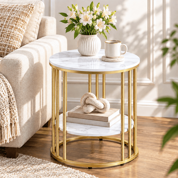 Wisfor Sintered Stone 2 Tier Sofa Side Table Round Coffee Table Nightstand for Living Room Bedroom