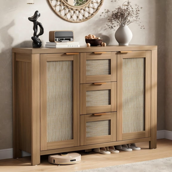 51In Boho Buffet Sideboard Cabinet with 3 Drawers Storage Cabinet with Adjustable Shelves and Coffee Bar Light Oak