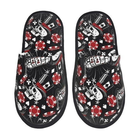 Balery Vintage Skull Casino Slient Indoor Furry Fleece Comfort House Shoes Soft Non-Slip Home Shoes Cotton slippers House Slippers-- Medium