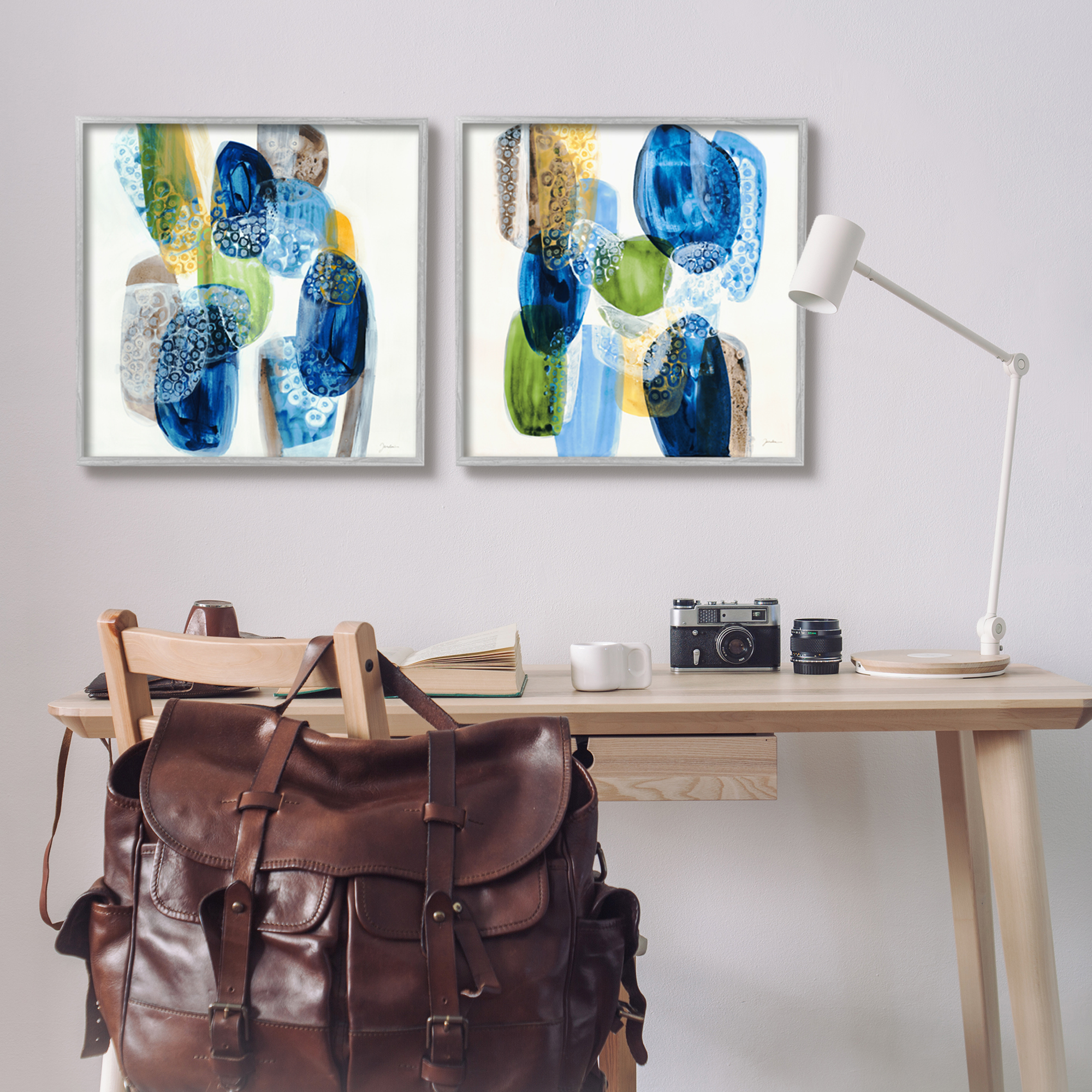Stupell Industries Abstract Blue Pebbles Abstract Painting Gray Framed Art Print Wall Art, 24 x 24, Set of 2